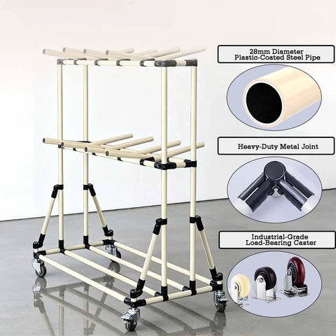 Adjustable Double Tier Wire Harness Hanging Rack With 12 Rock Solid Arms For Slick Cable Routing And A Tidy Garage Setup That Truly Gets It Done Right, showing the sturdy frame and wheels.
