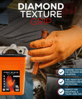 Heavy Duty Orange Nitrile Work Gloves - 8 Mil Thick Diamond Texture - 500 Count Large Bulk Bucket in use for automotive work.