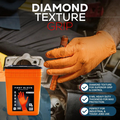 Heavy Duty Orange Nitrile Work Gloves - 8 Mil Thick Diamond Texture - 500 Count Large Bulk Bucket in use for automotive work.