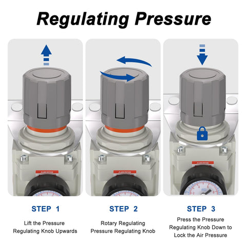 Three-Quarter Inch NPT Air Filter Regulator Combo With 5 Micron Brass Element And Semi Auto Drain operation steps