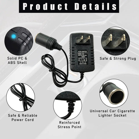 Solid Build AC To DC Converter 100-240V To 12V 2A 24W with cigarette lighter plug and ABS housing for auto gadgets.