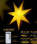 Two Pack 24 Inch Paper Star Lanterns With 50 LED Fairy String Lights Eight Modes Seven Pointed Hollow Star Hanging Decor For Indoor Outdoor Rooms Weddings Christmas Parties Lit Vibe glowing in darkness, remote included