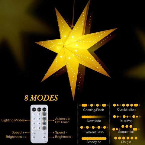 Two Pack 24 Inch Paper Star Lanterns With 50 LED Fairy String Lights Eight Modes Seven Pointed Hollow Star Hanging Decor For Indoor Outdoor Rooms Weddings Christmas Parties Lit Vibe glowing in darkness, remote included
