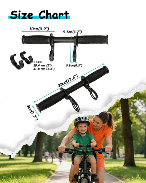 2-In-1 Kids Bike Handlebar Extender For Mountain Bikes And BMX, size chart with dimensions, mother and child biking