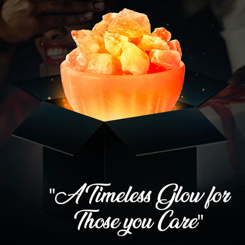 Natural Pink Salt Lamp Bowl With Crystal Chunks For Air Purification And Calming Ambiance in a gift box with glowing light