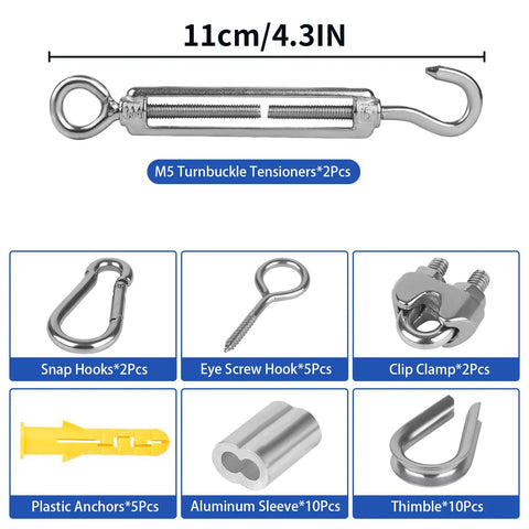 Heavy Duty One Eighth Inch Vinyl Coated Stainless Steel Wire Rope Kit 100 Feet With Turnbuckles Thimbles Clamps Hooks And Tape Measure components
