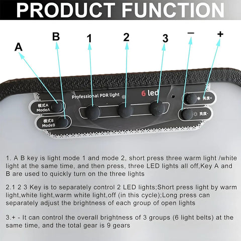 Control panel of paintless dent repair light board with wheels, adjustable knobs for LED light settings, 6 light strips shown