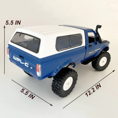 All Terrain 1/16 Scale RC Rock Crawler 4x4 Ready To Run Pickup Truck With Proportional 2.4 GHz Radio LED Lights Dual Batteries Off Road Rig For Adults Today in blue, rear view with dimensions.