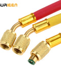 Close-up of R134A R410A R22 R12 Air Conditioning Charging Hoses And Ball Valve Set With One Quarter Inch SAE Thread
