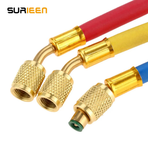 Close-up of R134A R410A R22 R12 Air Conditioning Charging Hoses And Ball Valve Set With One Quarter Inch SAE Thread