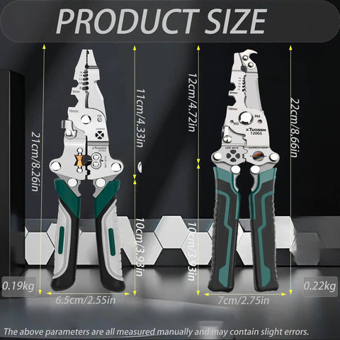 All In One Wire Stripper And Crimping Tool Set, 2 Pack Foldable Pliers, side view with size details, heavy duty high carbon steel