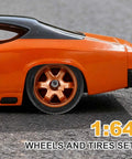 Orange 1/64 diecast car with 4 Pack 1/64 Wheel And Tire Set With Real Riders Rims And Axles For RC Diecast Cars Upgrade.