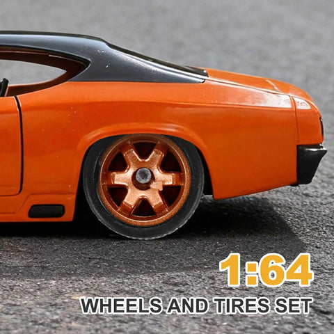 Orange 1/64 diecast car with 4 Pack 1/64 Wheel And Tire Set With Real Riders Rims And Axles For RC Diecast Cars Upgrade.