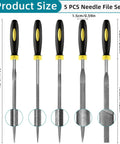 5 Piece Metal Needle File Set With Hardened Alloy Steel Construction displayed with round, flat, rectangular profiles and handles.