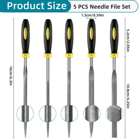 5 Piece Metal Needle File Set With Hardened Alloy Steel Construction displayed with round, flat, rectangular profiles and handles.