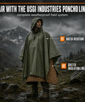 Man wearing Military Style Tactical Ripstop Camo Rain Poncho for outdoor survival in mountainous terrain