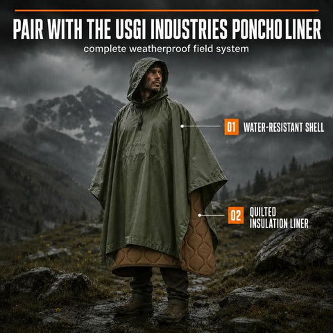 Man wearing Military Style Tactical Ripstop Camo Rain Poncho for outdoor survival in mountainous terrain
