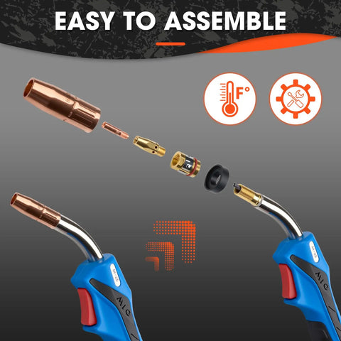 Easy to assemble 250A Mill M-25 MIG welding gun disassembled view showing components and ergonomic handle.