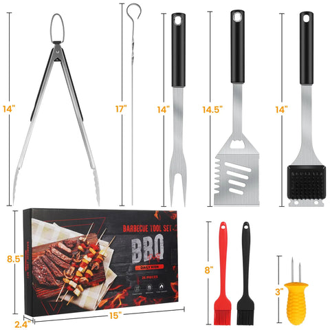 Grill Gear Set With 4-In-1 Spatula, Fork, Tongs And Brush, 10 Skewers, BBQ tools with gift box, food grade stainless steel