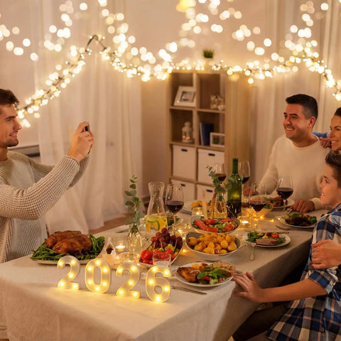 Family dinner with 2026 Graduation Decorations LED Marquee Numbers Light Up 2026 For Class Of 2026 Party Vibe on table
