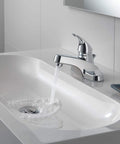 Chrome Centerset Bathroom Sink Faucet With Single Handle And Pop Up Drain No Fuss 4 Inch Centerset Fit For 3 Hole Vanity Easy Install Includes Drain Assembly Lifetime Warranty installed on white vanity