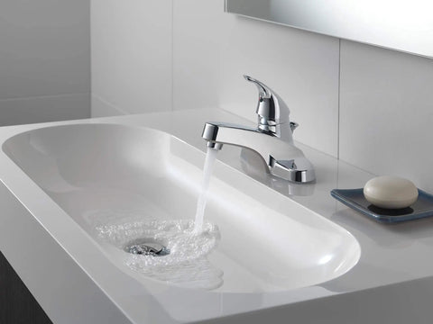 Chrome Centerset Bathroom Sink Faucet With Single Handle And Pop Up Drain No Fuss 4 Inch Centerset Fit For 3 Hole Vanity Easy Install Includes Drain Assembly Lifetime Warranty installed on white vanity