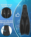 Snorkel fins with full foot pocket for all day wear, durable long diving fins shown with scientific design and non-slip soles