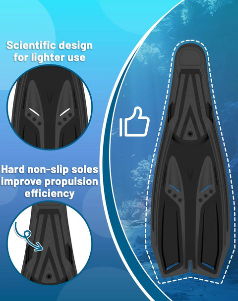 Snorkel fins with full foot pocket for all day wear, durable long diving fins shown with scientific design and non-slip soles
