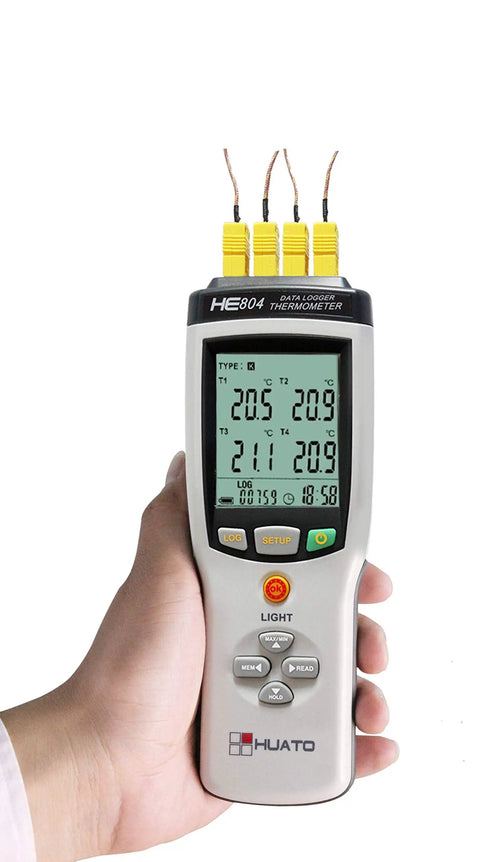 Hand holding thermometer with 5 Pack High Accuracy K Type Thermocouple Probes With Mini Connector, 1 Meter Lead, Minus 200C To 260C Range