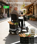 Go-To Long Range Folding Mobility Scooter For Seniors And Adults, 28.5 Mile Electric Power Ride, with rear basket in use