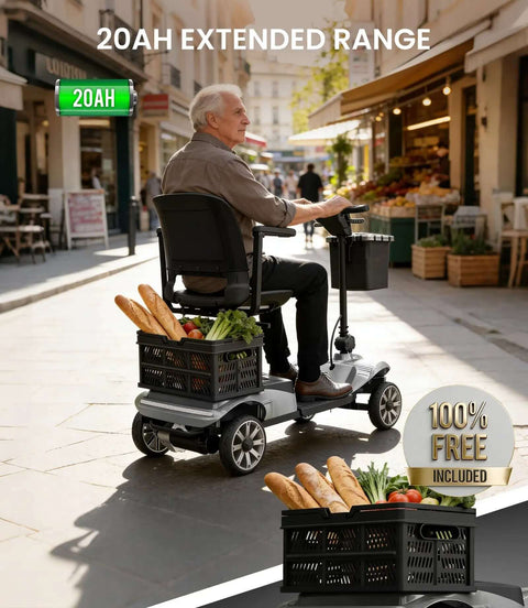 Go-To Long Range Folding Mobility Scooter For Seniors And Adults, 28.5 Mile Electric Power Ride, with rear basket in use