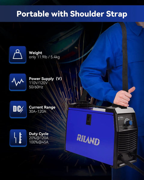 Person holding Flux Core MIG Welder Kit for Beginners, Gasless 110V 120V Portable Wire Feed with IGBT, Synergic Control, shoulder strap.