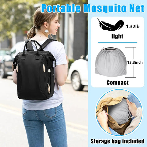 Woman with backpack carrying extra large pop up mosquito tent for bed camping and travel portable foldable net with quick setup