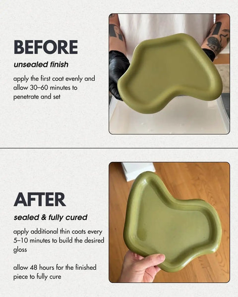 Before and after comparison of a green cement tray showing unsealed finish and sealed finish using Top Shelf Water Based Acrylic Sealer For Concrete And Cement Crafts Low Gloss Non Toxic Formula Delivers Crystal Clear Shield For Your Diy Masterpieces On Jesmonite Surfaces With Superior Durability And Crack Resistant Flexibility To Keep Things Solid.