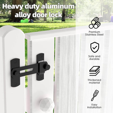 Heavy duty aluminum alloy barn door lock installed on outdoor gate, showcasing durable sliding latch for privacy and safety.