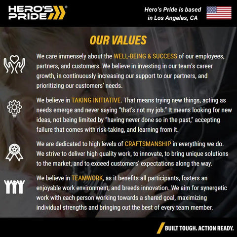 Hero's Pride company values poster highlighting well-being, initiative, craftsmanship, and teamwork with icons and text.