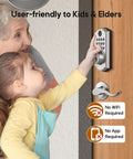 User-friendly Super Tough Smart Fingerprint Door Lock With Dual Lever Handles for Kids and Elders on a wooden door.