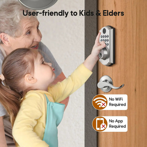 User-friendly Super Tough Smart Fingerprint Door Lock With Dual Lever Handles for Kids and Elders on a wooden door.