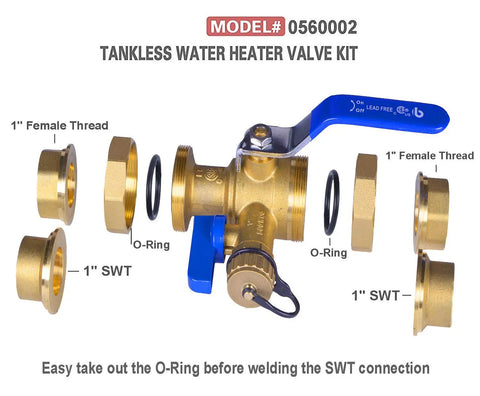 Tankless Water Heater Service Valve Kit With Pressure Relief Valve Included, Two SWT Connections, Lead Free Brass
