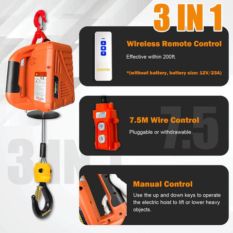 Electric Portable Hoist Winch 1500Lbs 3 In 1 Lift System with wireless remote and manual control features.