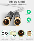 Five Foot Short Garden Hose With Dual Female Ends And Brass Double Male Adapter Flexible Lightweight Water Hose In Five Eighths Inch Outer Diameter The Space Saver For RVs Outdoor Yards Faucet Hookups Or Reel Connections with universal connections diagram showing washer, PVC tube, brass connector and male adapter.