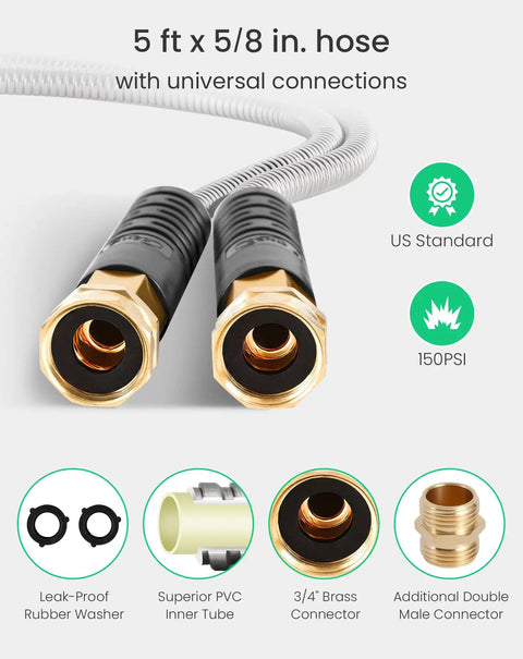 Five Foot Short Garden Hose With Dual Female Ends And Brass Double Male Adapter Flexible Lightweight Water Hose In Five Eighths Inch Outer Diameter The Space Saver For RVs Outdoor Yards Faucet Hookups Or Reel Connections with universal connections diagram showing washer, PVC tube, brass connector and male adapter.
