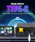 Mazda CarPlay And Android Auto Retrofit Kit For MZD Connect System with Type-C charging port and infotainment display.
