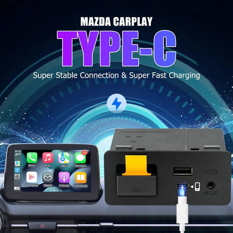 Mazda CarPlay And Android Auto Retrofit Kit For MZD Connect System with Type-C charging port and infotainment display.