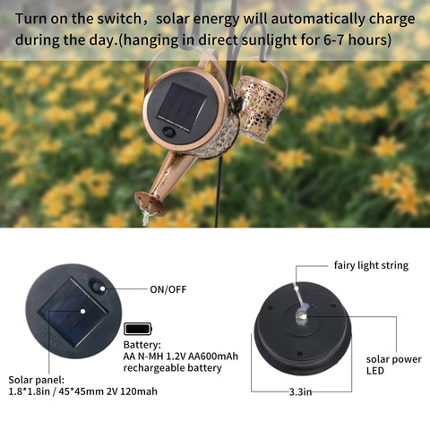 2 Pack Solar Watering Cans With Cascading Lights showcasing solar panel, daisy design details, and battery components.