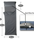 Silky Soft Sleeping Bag Liner And Sleep Sack For Backpacking And Travel Sheets For Hotels And Hostels Ultralight Packable Warmth Breathable 100 Percent Polyester Easy Care Comfy Roomy Fit For Adults And Kids Dark Gray No Zipper displayed with measurements and pillow pocket.