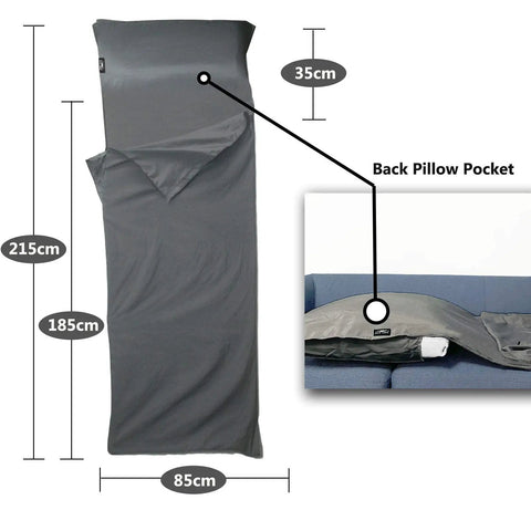 Silky Soft Sleeping Bag Liner And Sleep Sack For Backpacking And Travel Sheets For Hotels And Hostels Ultralight Packable Warmth Breathable 100 Percent Polyester Easy Care Comfy Roomy Fit For Adults And Kids Dark Gray No Zipper displayed with measurements and pillow pocket.
