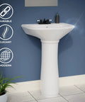 Compact Vitreous China Pedestal Sink With Overflow, Space Saving 16 Inch Wide, 33 Inch High, Glossy White Finish in bathroom