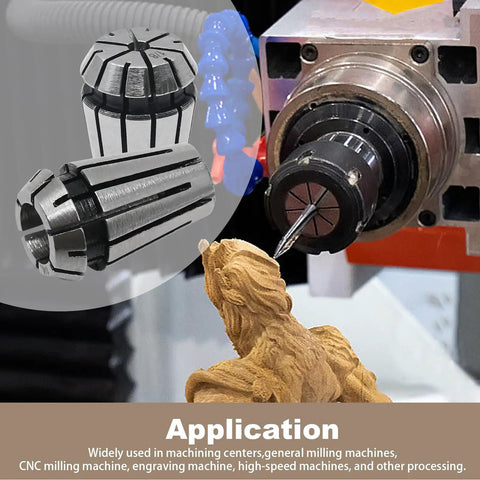 ER32 Collet Set Kit With Twelve Collets From Three Thirty Seconds Of An Inch To Three Quarters Of An Inch And R8 Shank With Seven Sixteenths Inch Threads For Milling CNC Lathe Drilling Tapping Includes Wrench And Holder Pro Grade showing application on CNC machine