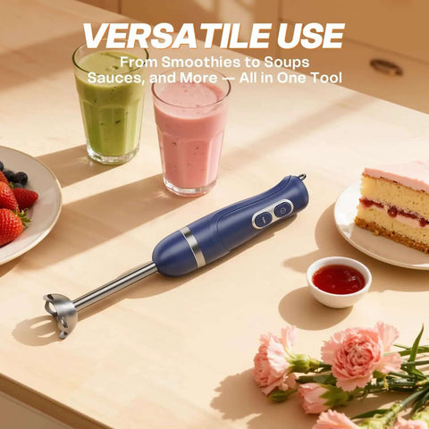 Corded Immersion Blender With 400 Watt Copper Motor And Two Speed Modes BPA Free hand mixer with smoothies and food on table.